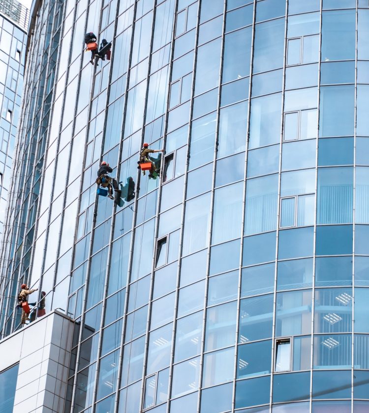 Several workers washing windows in the office building